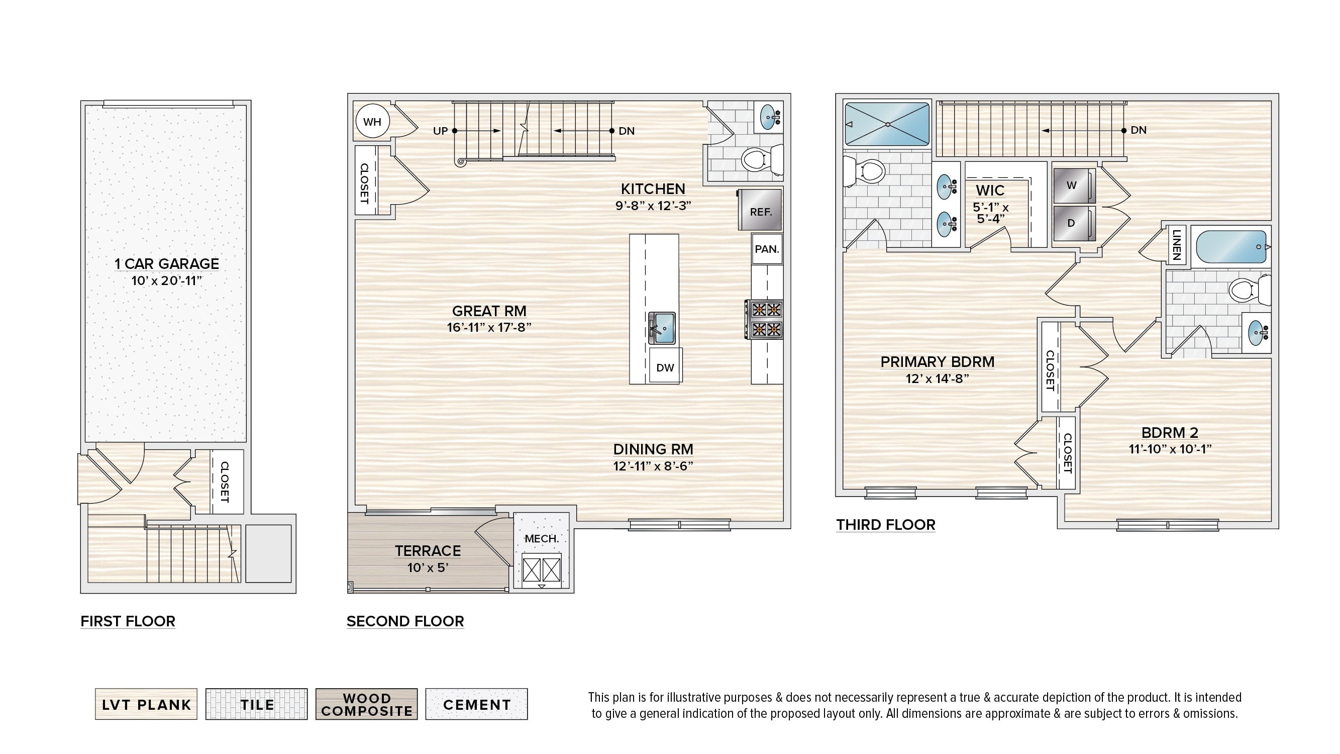 The Bradbury (FDG-B2A) garage apartment floor plan with 2 bedrooms, 2.5 baths, a patio/balcony, and a 1-car garage,Apartment entrance with closet and stairs to second floor.,Spacious great room and modern kitchen with stainless steel appliances, dark cabinets, an island with pendant lighting.,Modern kitchen with stainless steel appliances, dark cabinets,,Spacious great room with luxury vinyl plank flooring and door leading to patio/balcony.,Spacious great room with luxury vinyl plank flooring and stairs leading to third level.,Bathroom with a single sink vanity with dark cabinets and a white toilet.,Stairs leading to third level and a closet with a white washer and dryer.,Spacious primary bedroom with luxury vinyl plank flooring and a window.,Luxurious primary bathroom with a dual sink vanity with dark cabinets, a white toilet, and an oversized walk-in shower with porcelain tile.,Second bedroom with luxury vinyl plank flooring and a window.,Second bedroom with a large closet.,Second bathroom with a single sink vanity with dark cabinets, a white toilet, and shower/tub combo with porcelain wall tile.,One-car garage with a white door.,Patio/balcony with black railing.